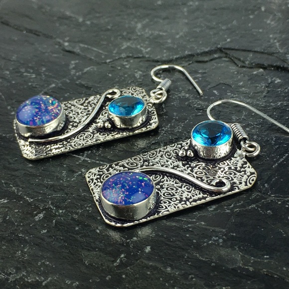 New Sim Milky Opalite & Blue Topaz Silver Hook Earrings - Picture 5 of 8